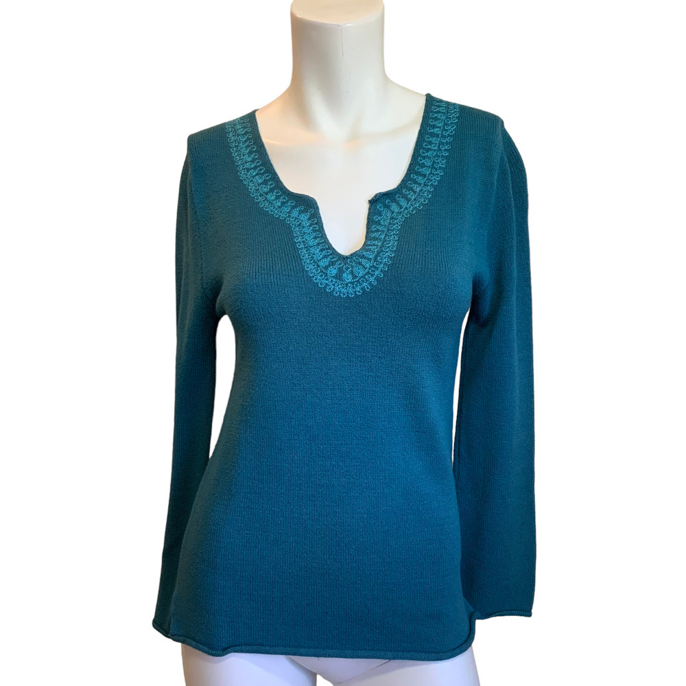 Citron Santa Monica Green Embroidered V-Neck Sweater sz S
